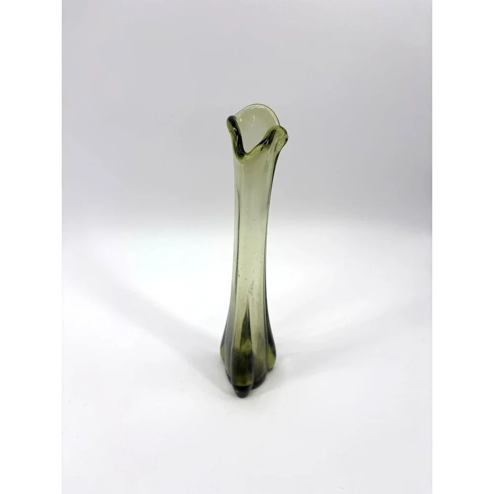 Vintage Avocado Olive Green Swung Glass Ruffled Mid Century Modern 10.5 in